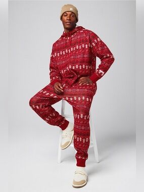 Fabletics Holiday The Go-To Fleece Hooded Onesie XL Holly Berry cozy Christmas
